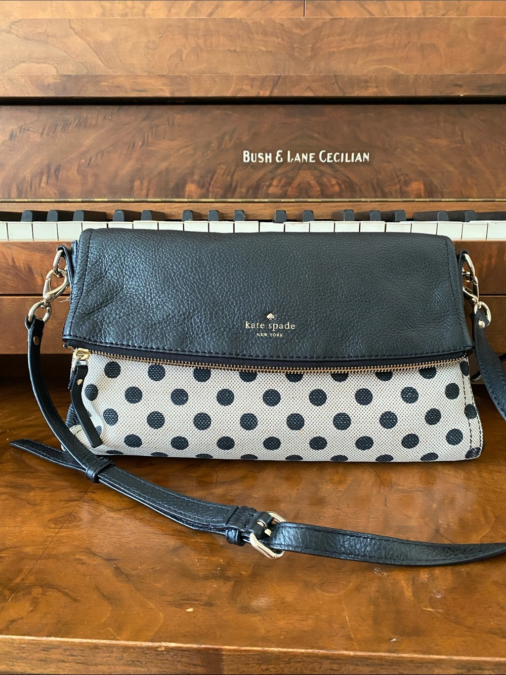 kate spade Black Leather & Cream Polka Dot Crossbody